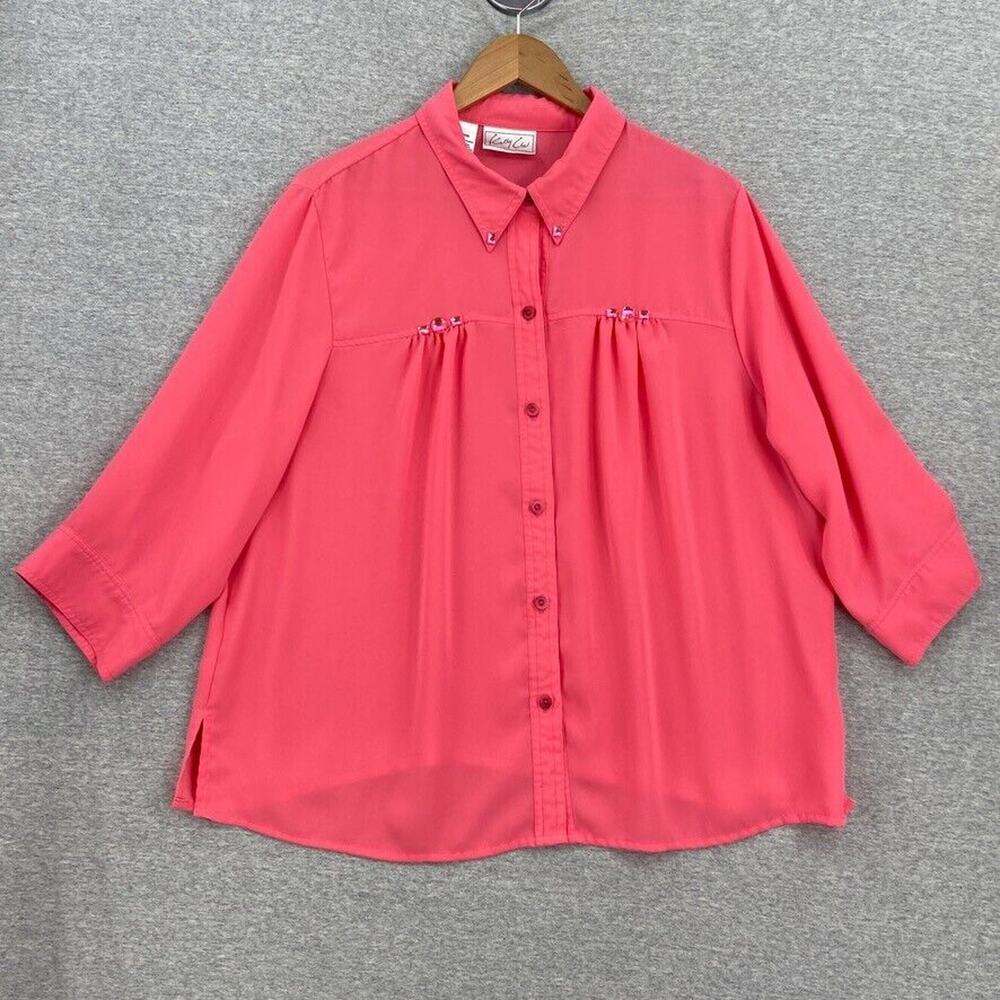 Vintage Kathy Che Blouse Womens 18/20W Plus Pink Sheer Button Up Top Jeweled